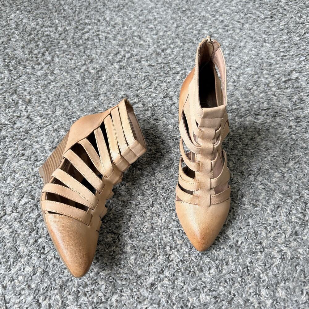 Jeffrey Campbell Vector 7.5 Brown Leather Caged Strappy Boots Zip Pointed Wedge